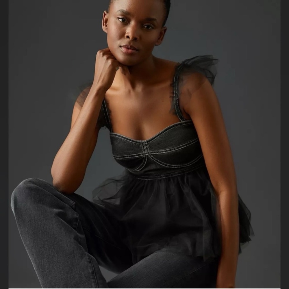 Anthropologie Pilcro Tulle Denim Peplum Top